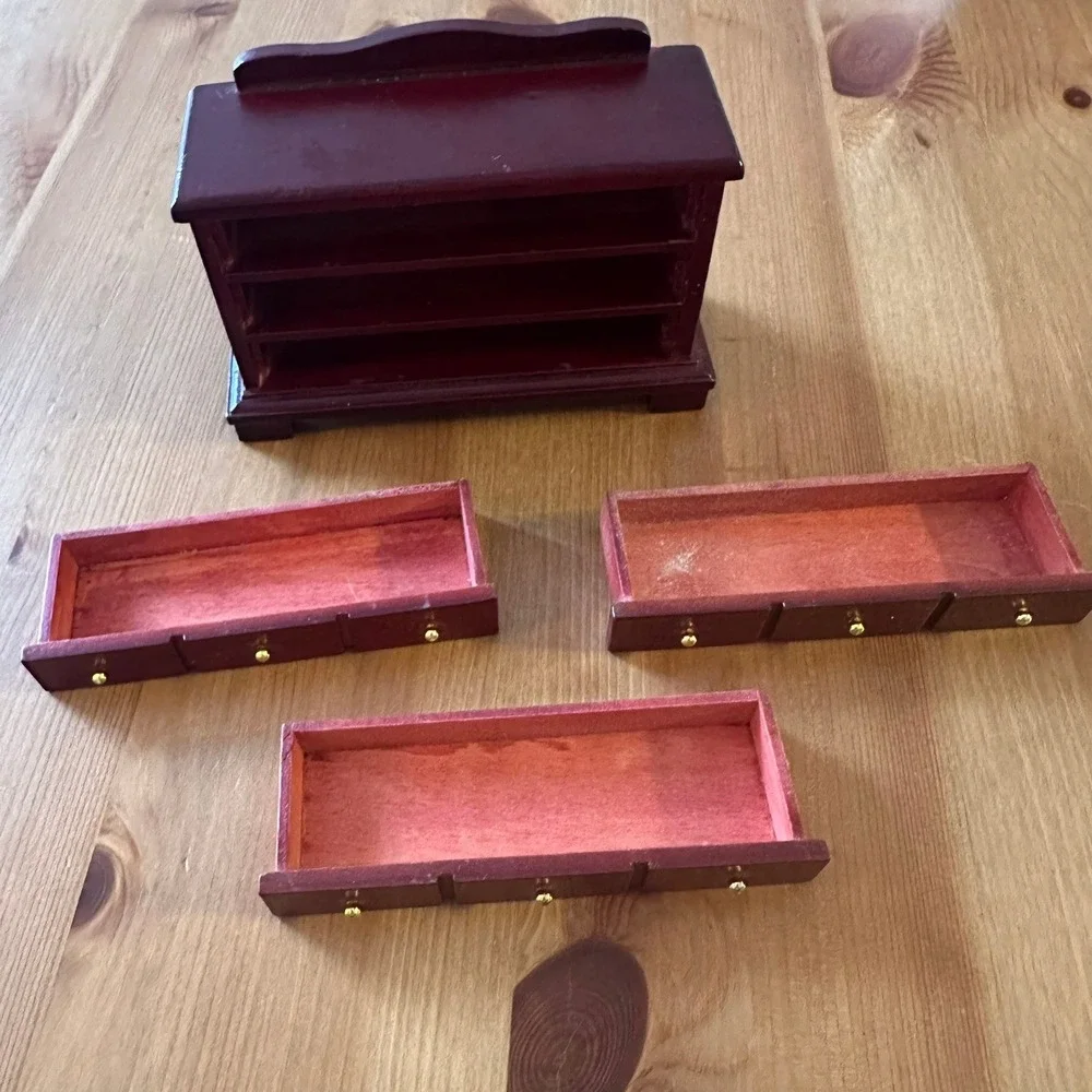 Vintage Miniature Wooden Dresser Jewelry Box Burgundy 3 Drawer Gold Knobs